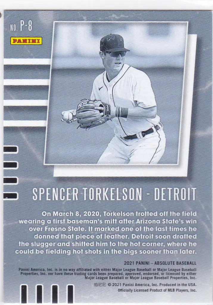 Baseball trading card featuring Spencer Torkelson Prospects Insert for Detroit Tigers