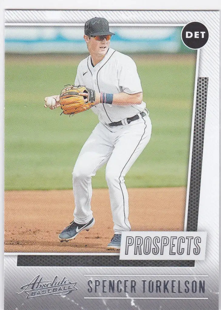 Baseball card of Spencer Torkelson in white uniform, a Detroit Tigers Prospects Insert