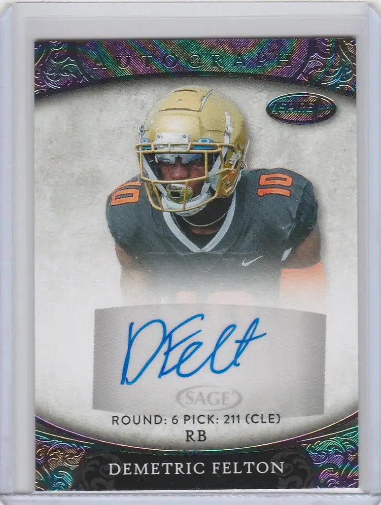 Football trading card of Demetric Felton UCLA with auto, dark jersey, and gold helmet