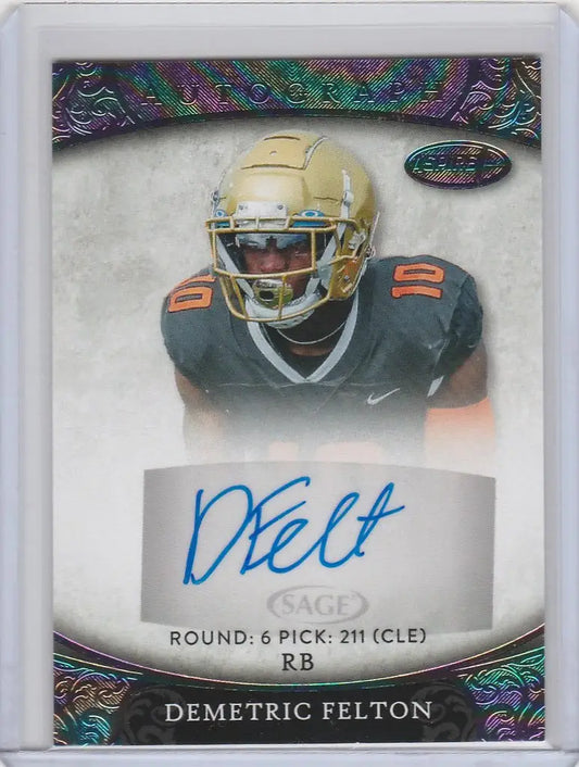 Football trading card of Demetric Felton UCLA with auto, dark jersey, and gold helmet