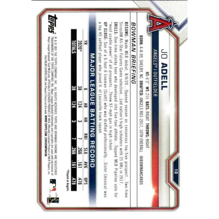 2021 Bowman #10 Jo Adell NM-MT RC Rookie Los Angeles Angels Baseball Card - Baseball Card Single