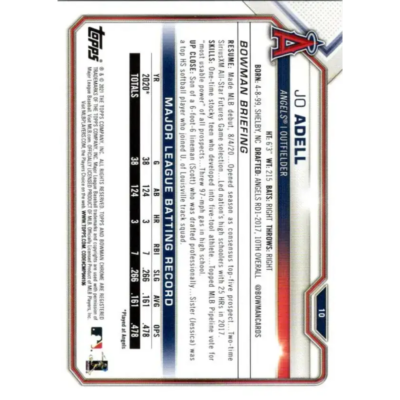2021 Bowman #10 Jo Adell NM-MT RC Rookie Los Angeles Angels Baseball Card - Baseball Card Single