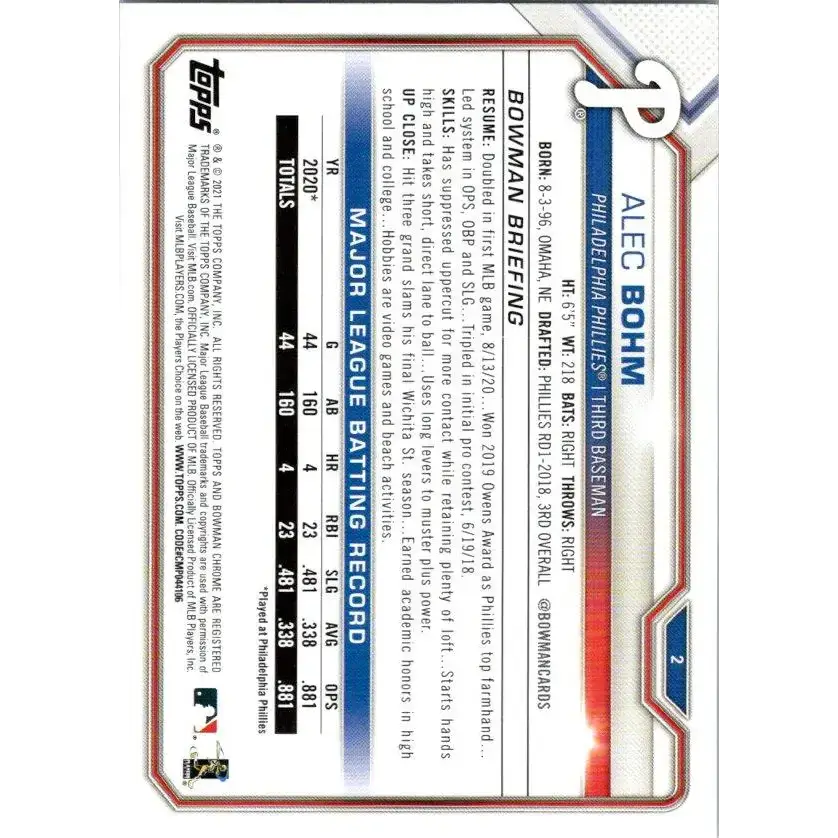 2021 Bowman #2 Alec Bohm NM-MT RC Rookie Philadelphia Phillies Baseball Card - Baseball Card Single