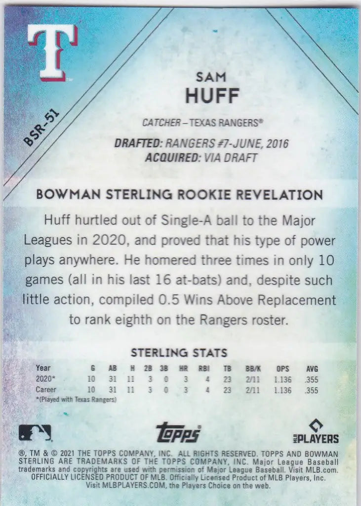 2021 Bowman #23 Sam Huff Rookie Card Texas Rangers