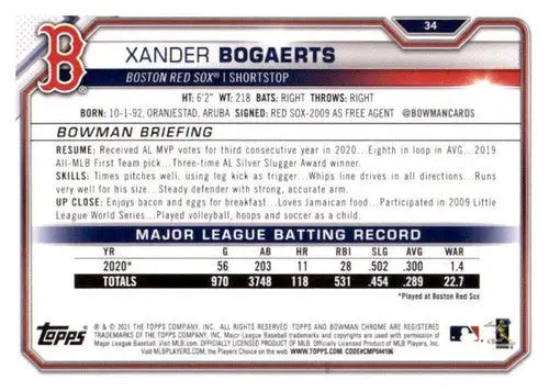 Xander Bogaerts baseball card with original gloss from 2021 Bowman #34 Xander Bogaerts NM-MT