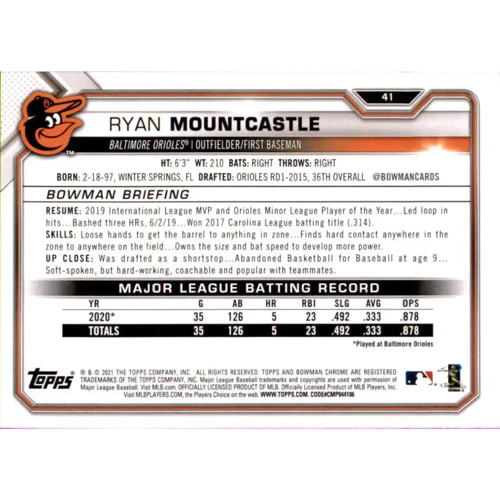 2021 Bowman #41 Ryan Mountcastle NM-MT RC Rookie Baltimore Orioles Baseball Card - Baseball Card Single