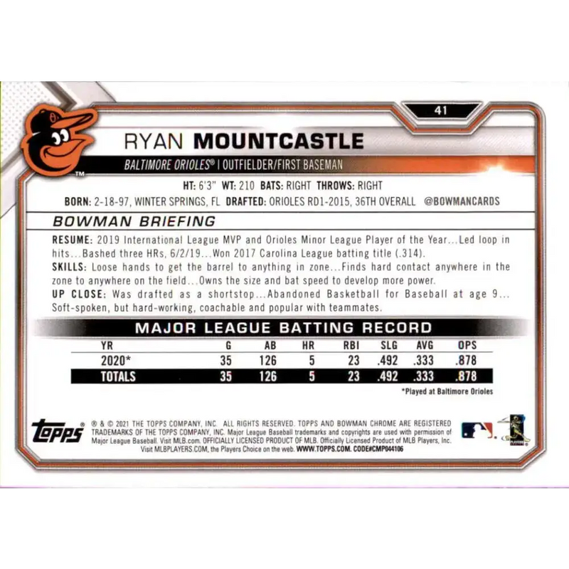 2021 Bowman #41 Ryan Mountcastle NM-MT RC Rookie Baltimore Orioles Baseball Card - Baseball Card Single