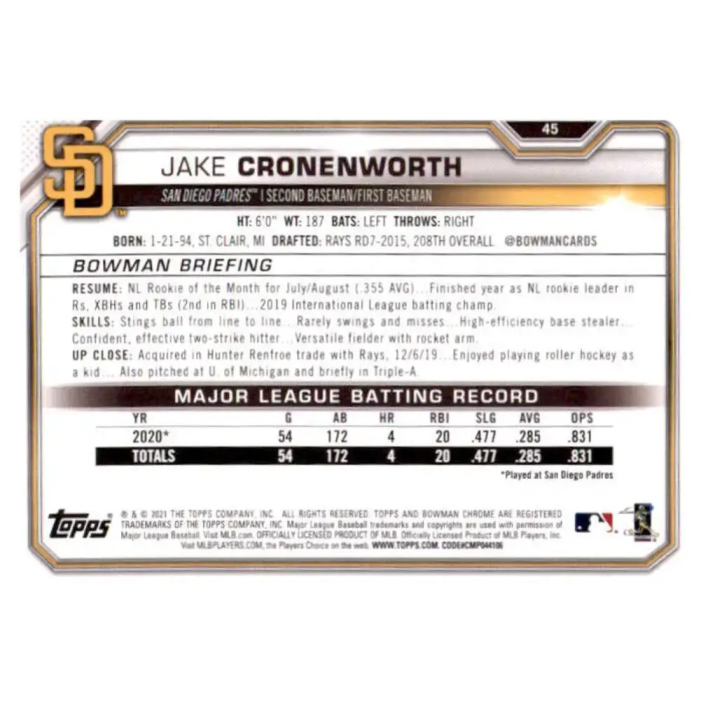 2021 Bowman #45 Jake Cronenworth NM-MT RC Rookie San Diego Padres Baseball Card - Baseball Card Single