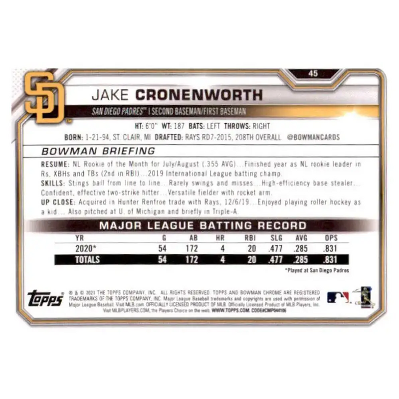 2021 Bowman #45 Jake Cronenworth NM-MT RC Rookie San Diego Padres Baseball Card - Baseball Card Single