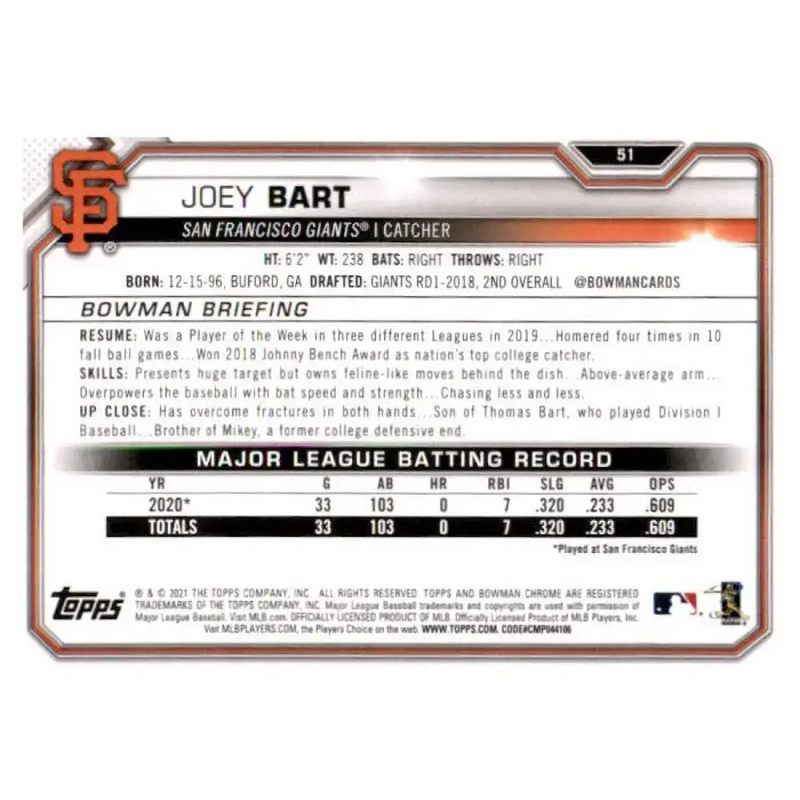 2021 Bowman #51 Joey Bart NM-MT RC Rookie San Francisco Giants Baseball Card - Baseball Card Single
