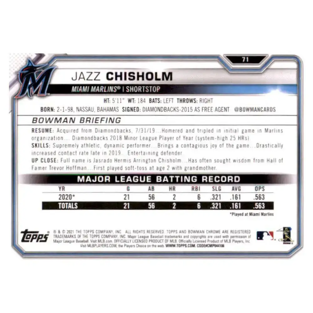 2021 Bowman #71 Jazz Chisholm NM-MT RC Rookie Miami Marlins Baseball Card - Baseball Card Single