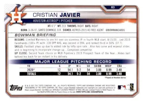 2021 Bowman #83 Cristian Javier NM-MT RC Rookie Astros ID:46199 - Baseball Card Single