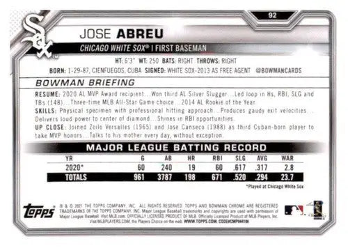 2021 Bowman #92 Jose Abreu NM-MT White Sox ID:46192 - Baseball Card Single