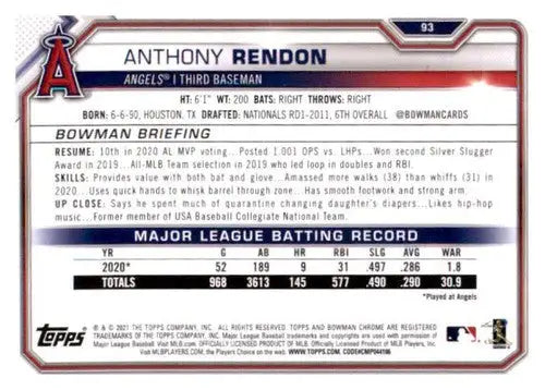 Anthony Rendon baseball card with original gloss from 2021 Bowman #93 Angels, NM-MT
