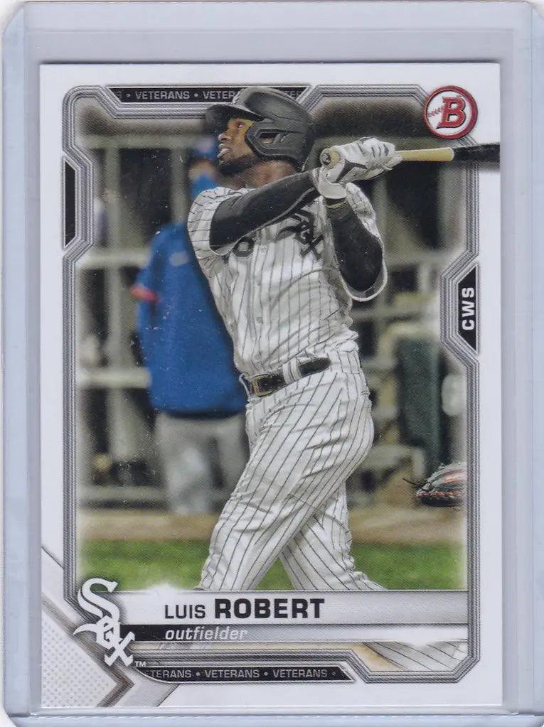Baseball card of Luis Robert swinging bat for Chicago White Sox 2021 Bowman #94