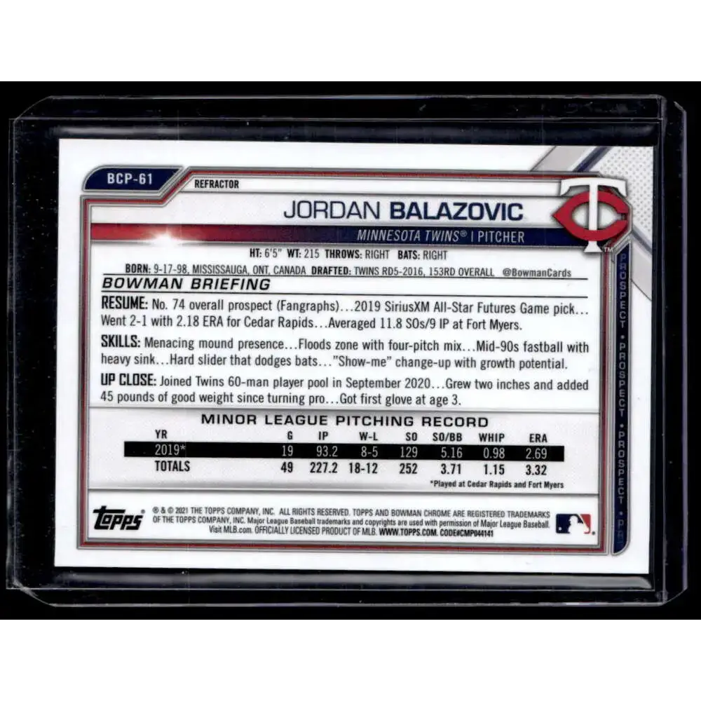 2021 Bowman #BCP-61 Jordan Balazovic Chrome Prospects Refractor #/499 NM-MT - Baseball Card Single