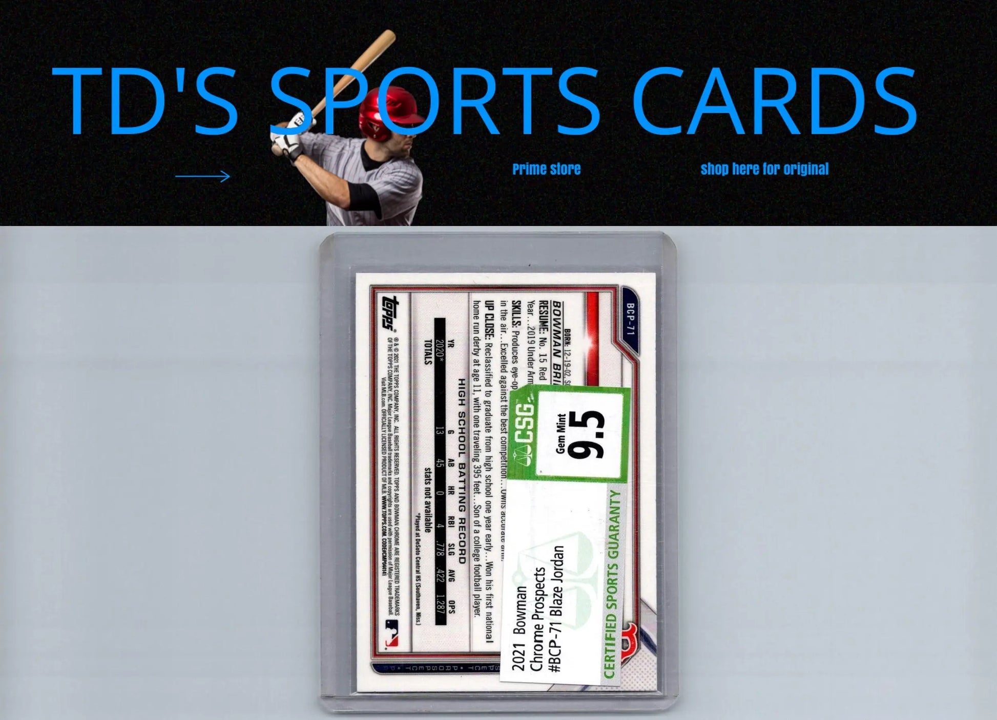 Graded 2021 Bowman Blaze Jordan Chrome Prospects baseball card displayed