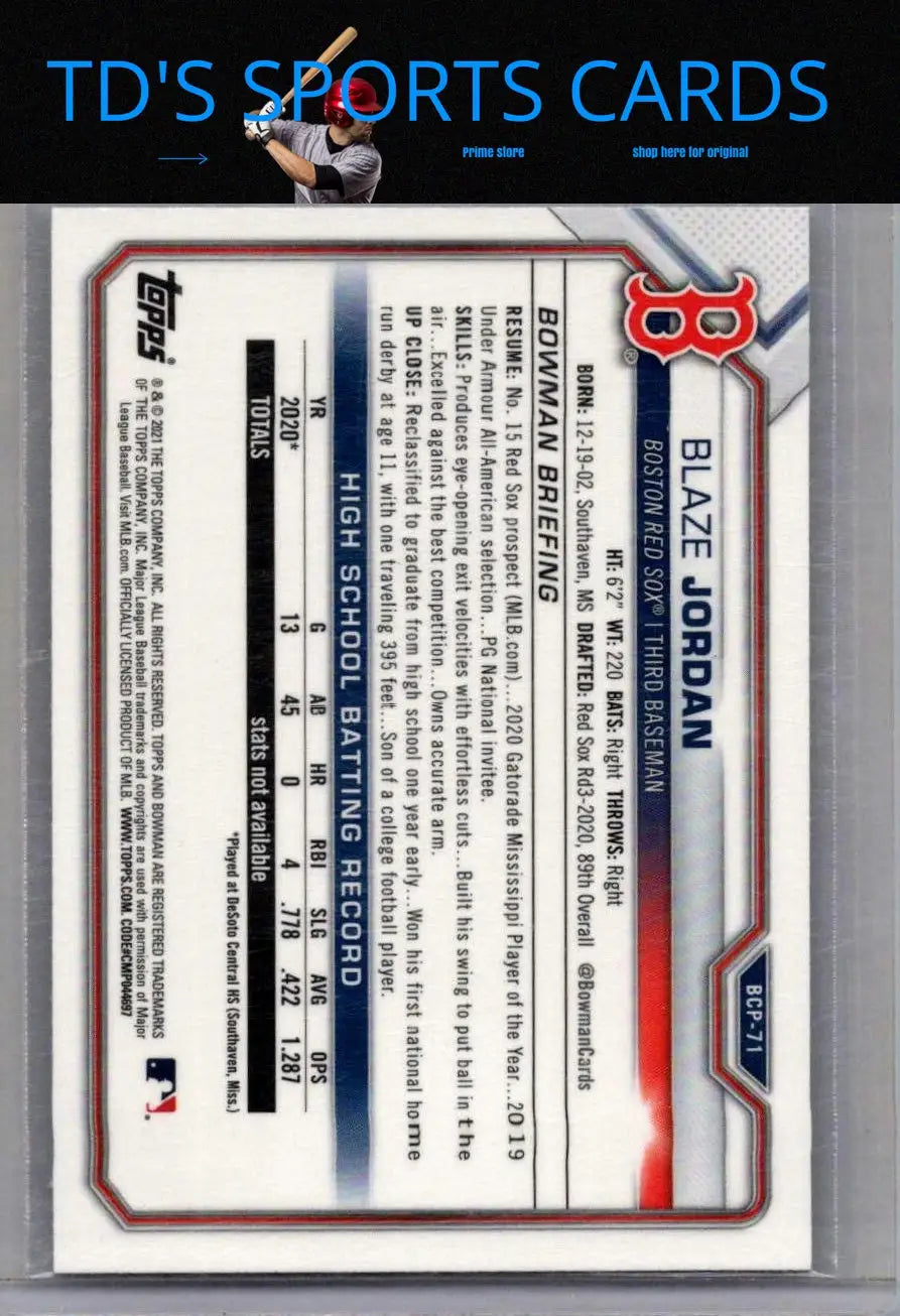 Blaze Jordan baseball card from 2021 Bowman Chrome Prospects Mojo Refractor collection