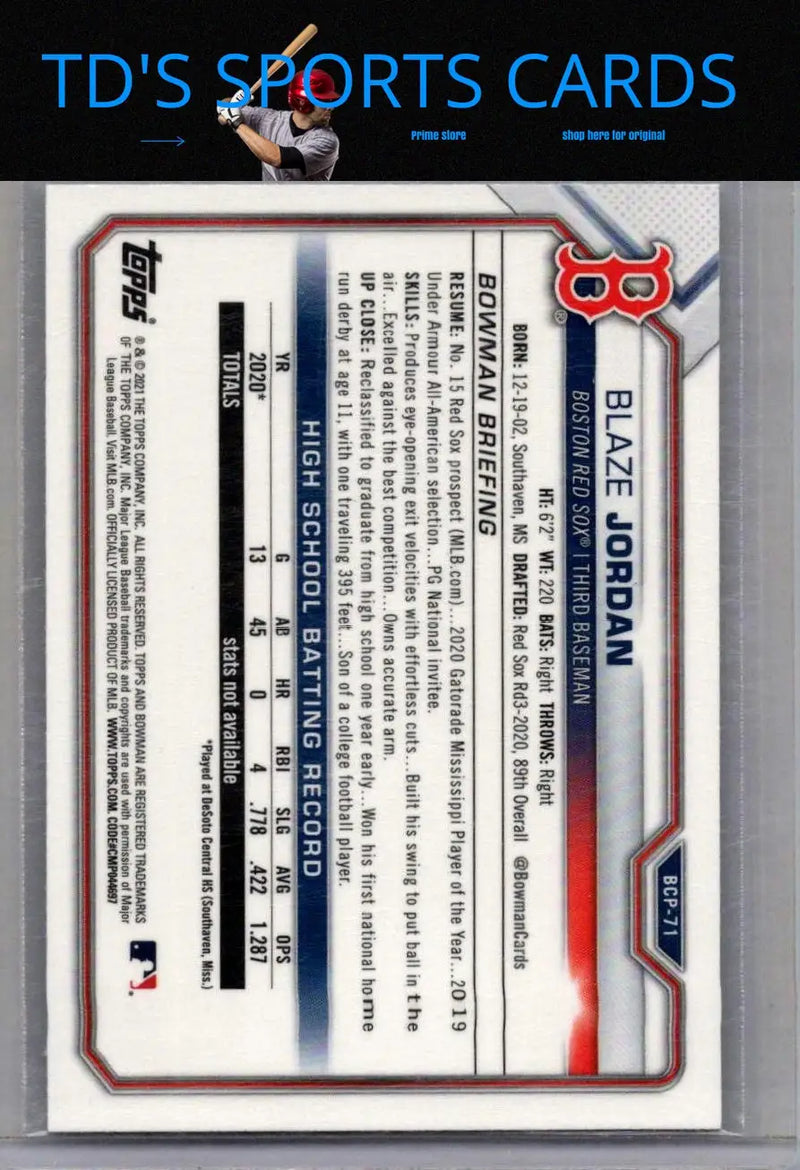Blaze Jordan baseball card from 2021 Bowman Chrome Prospects Mojo Refractor collection