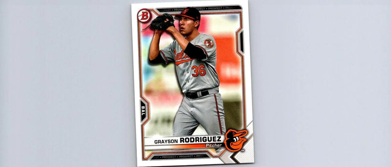 Grayson Rodriguez baseball card from 2021 Bowman #BP-118 Grayson Rodriguez Prospects