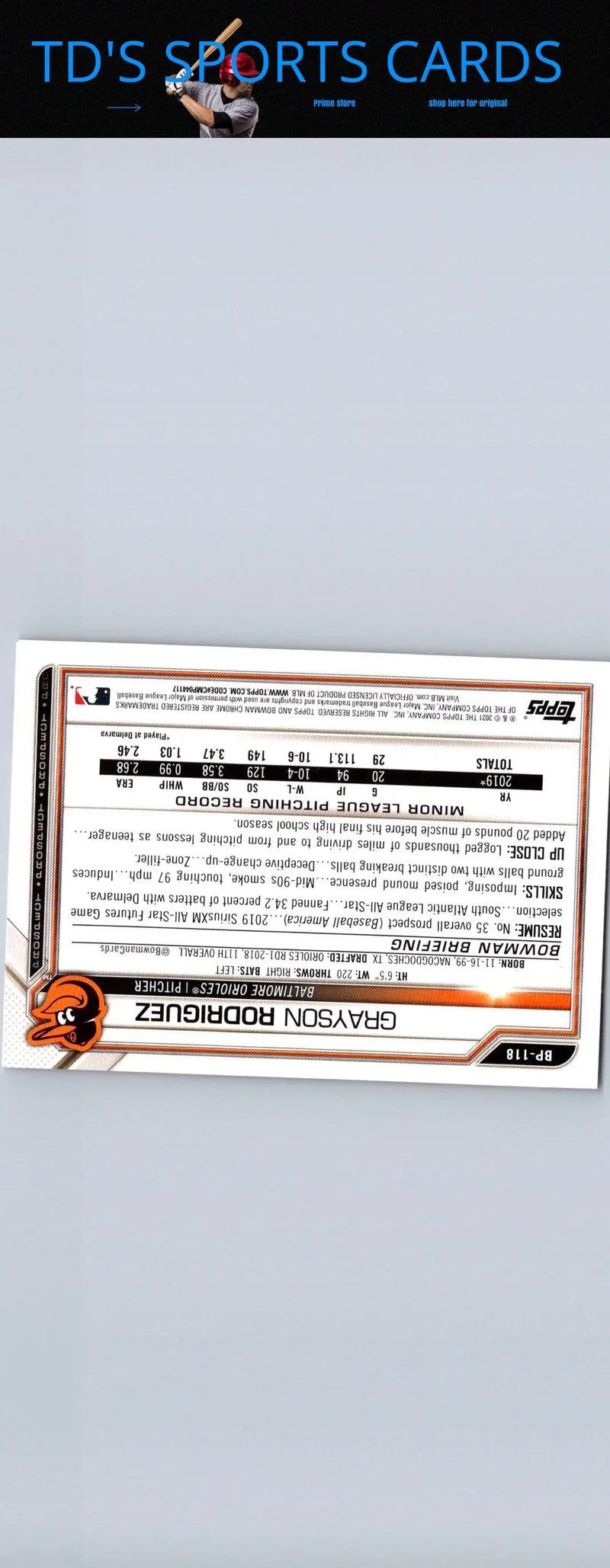 2021 Bowman #BP-118 Grayson Rodriguez Prospects baseball card for collectors