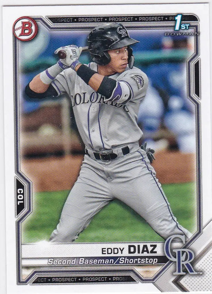 Baseball card of Eddy Diaz in batting stance, 1st Bowman Colorado Rockies collectible