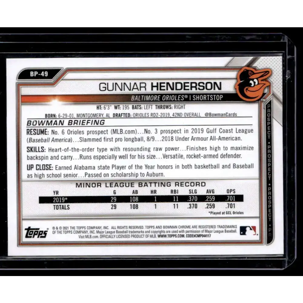 2021 Bowman #BP-49 Gunnar Henderson Prospects NM-MT - Baseball Card Single