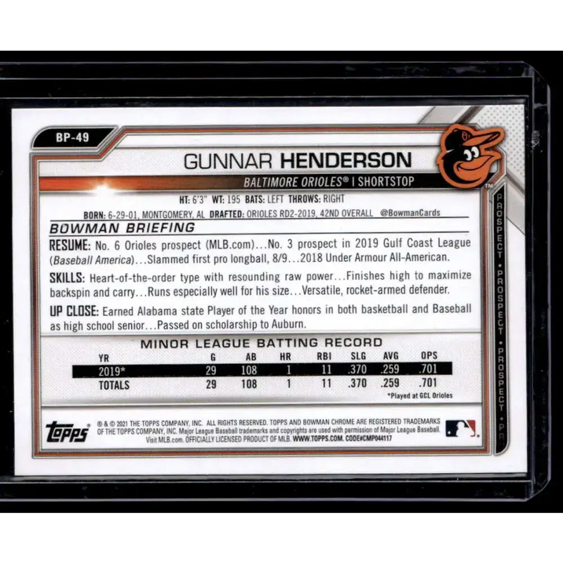 2021 Bowman #BP-49 Gunnar Henderson Prospects NM-MT - Baseball Card Single