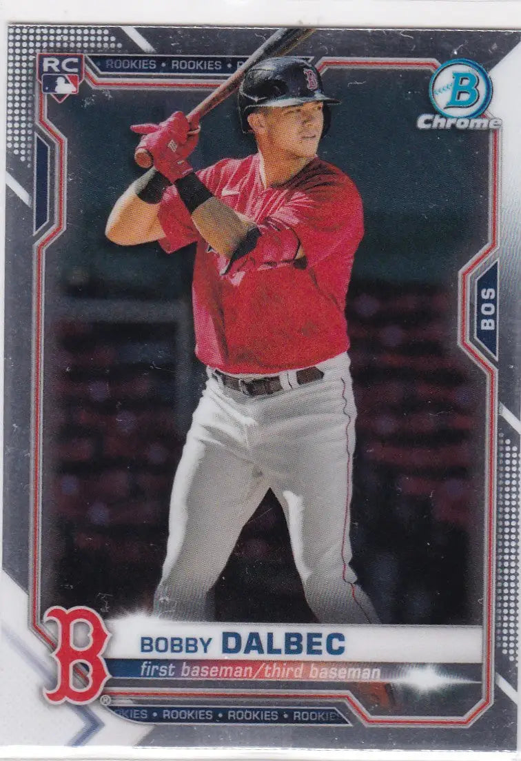 2021 Bowman Chrome Bobby Dalbec RC baseball card featuring Bobby Dalbec Red Sox player