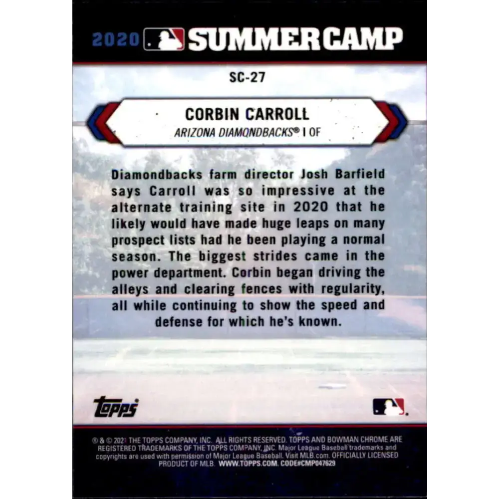 2021 Bowman Chrome 2020 Summer Camp Refractor #SC-27 Corbin Carroll NM-MT Arizona Diamondbacks Baseball Card - Baseball