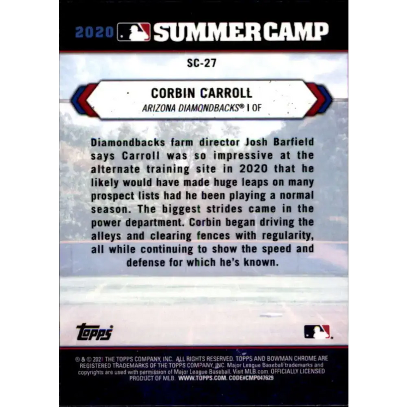2021 Bowman Chrome 2020 Summer Camp Refractor #SC-27 Corbin Carroll NM-MT Arizona Diamondbacks Baseball Card - Baseball