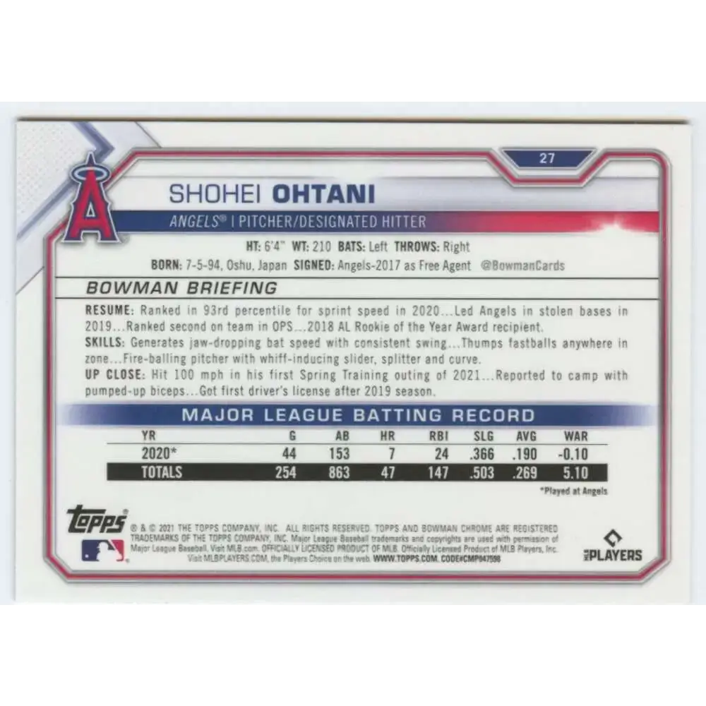 2021 Bowman Chrome #27 Shohei Ohtani NM-MT Los Angeles Angels Baseball Card - Baseball Card