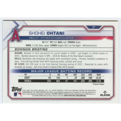 2021 Bowman Chrome #27 Shohei Ohtani NM-MT Los Angeles Angels Baseball Card - Baseball Card