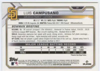 Baseball card back showing original gloss for 2021 Bowman Chrome Luis Campusano Rookie Padres