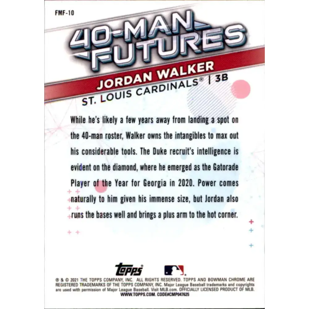 2021 Bowman Chrome 40-Man Futures Refractor #FMF-10 Jordan Walker NM-MT St. Louis Cardinals Baseball Card - Baseball