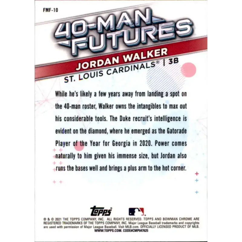 2021 Bowman Chrome 40-Man Futures Refractor #FMF-10 Jordan Walker NM-MT St. Louis Cardinals Baseball Card - Baseball