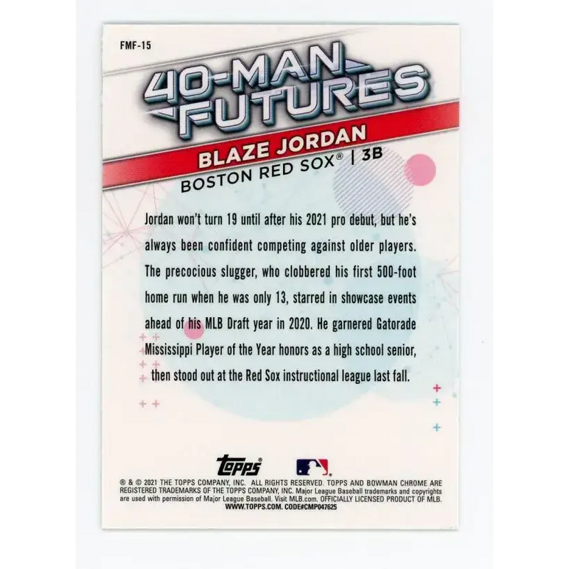 2021 Bowman Chrome 40-Man Futures Refractor #FMF-15 Blaze Jordan NM-MT Boston Red Sox Baseball Card - Baseball Card