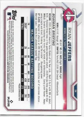 Baseball card back featuring Bowman Chrome rookie card of Ryan Jeffers with original gloss