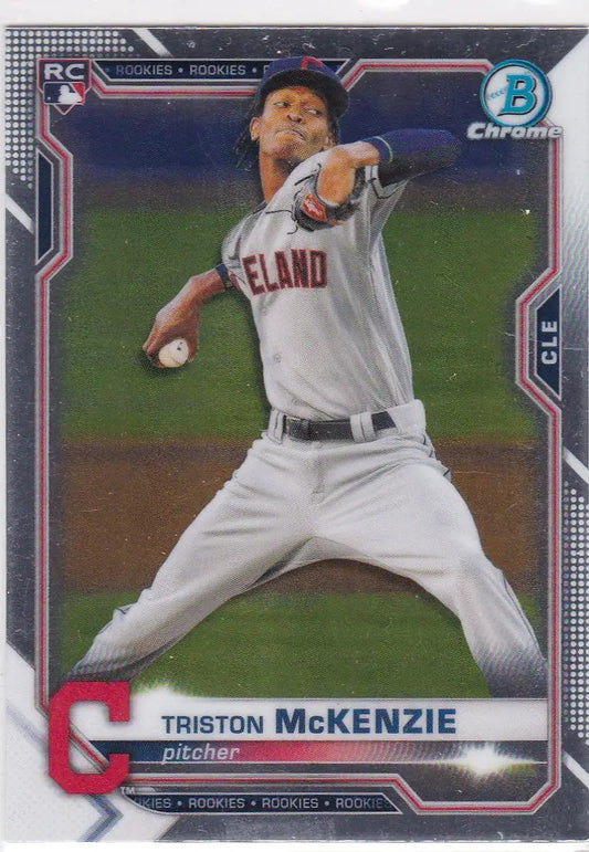 2021 Bowman Chrome Triston McKenzie RC baseball card featuring Cleveland Guardians player