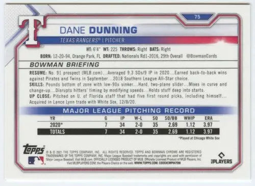 2021 Bowman Chrome Dane Dunning baseball card featuring original gloss for sports cards collectors