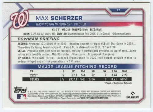 2021 Bowman Chrome Max Scherzer baseball card with original gloss in NM-MT condition