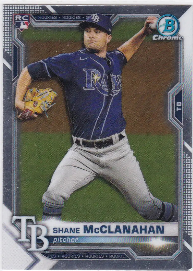 2021 Bowman Chrome Shane McClanahan RC Tampa Bay Rays baseball card featuring Mcclanahan rc tampa