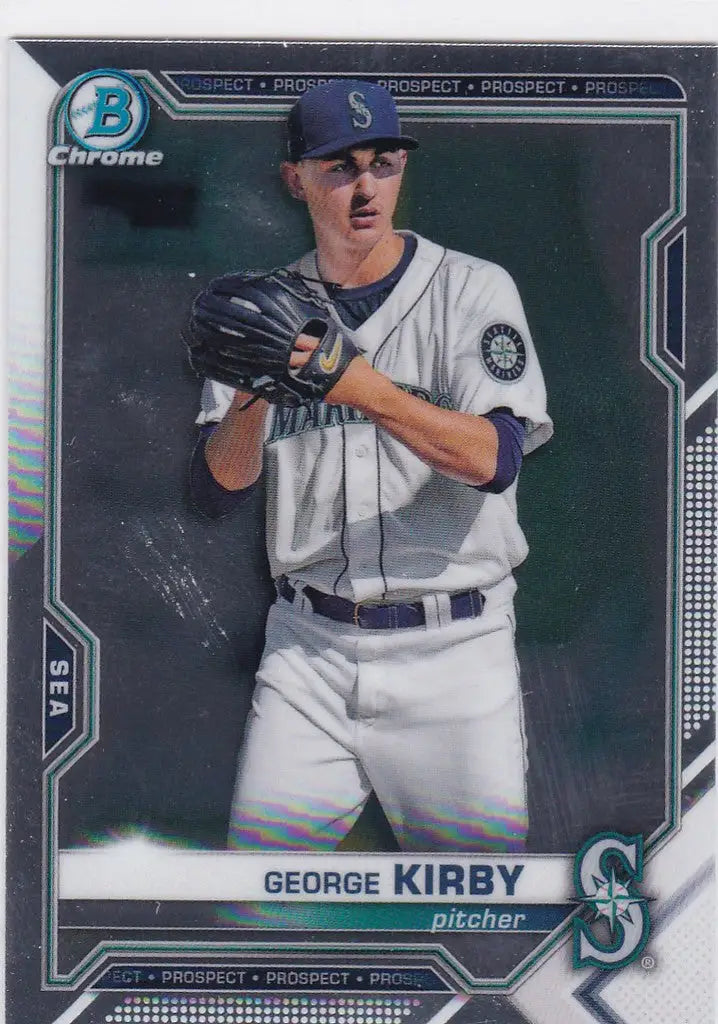 Baseball card of Seattle Mariners pitcher George Kirby in white uniform trading cards