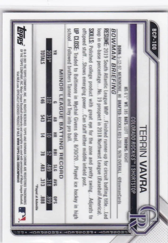 2021 Bowman Chrome #BCP-100 Terrin Vavra Colorado Rockies