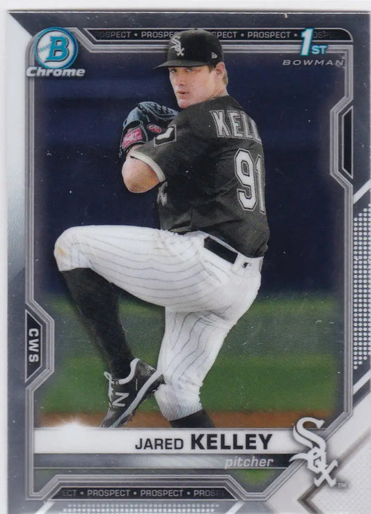 Bowman Chrome card of Jared Kelley, 1st Bowman Chicago White Sox pitcher mid-windup