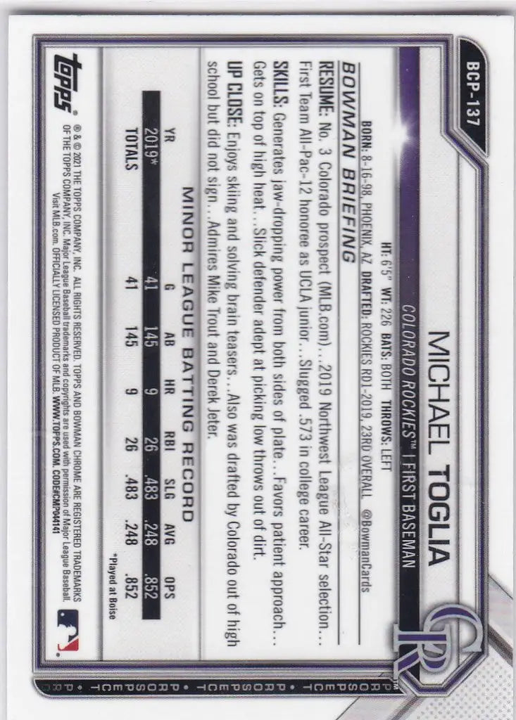 2021 Bowman Chrome #BCP-137 Michael Toglia Colorado Rockies