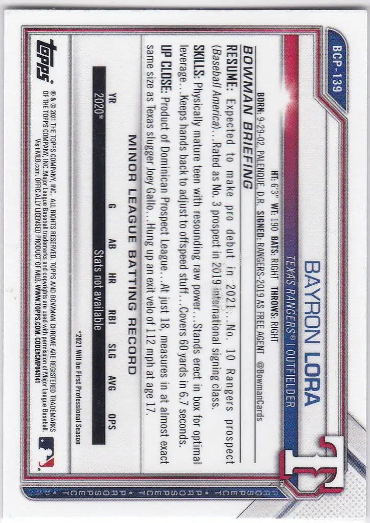 2021 Bowman Chrome #BCP-139 Bayron Lora Colorado Rockies