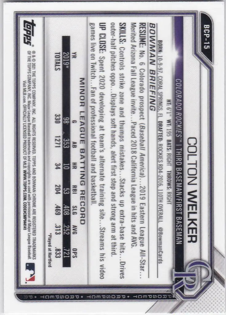 2021 Bowman Chrome #BCP-15 Colton Welker Colorado Rockies