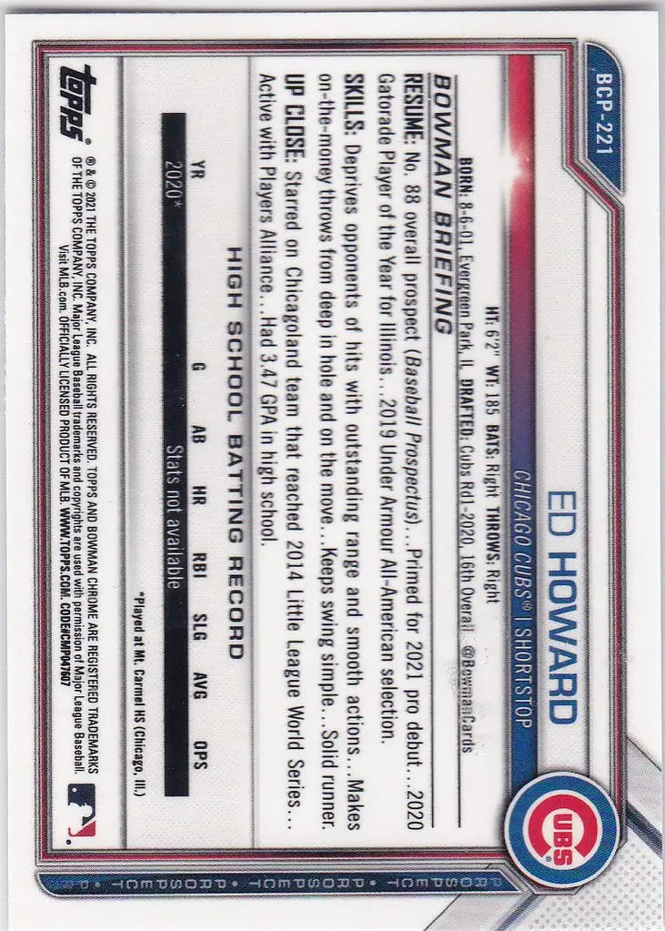 2021 Bowman Chrome #BCP-221 Ed Howard Chicago Cubs
