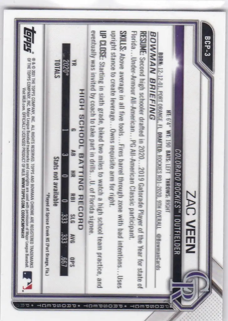 2021 Bowman Chrome #BCP-3 Zac Veen Colorado Rockies